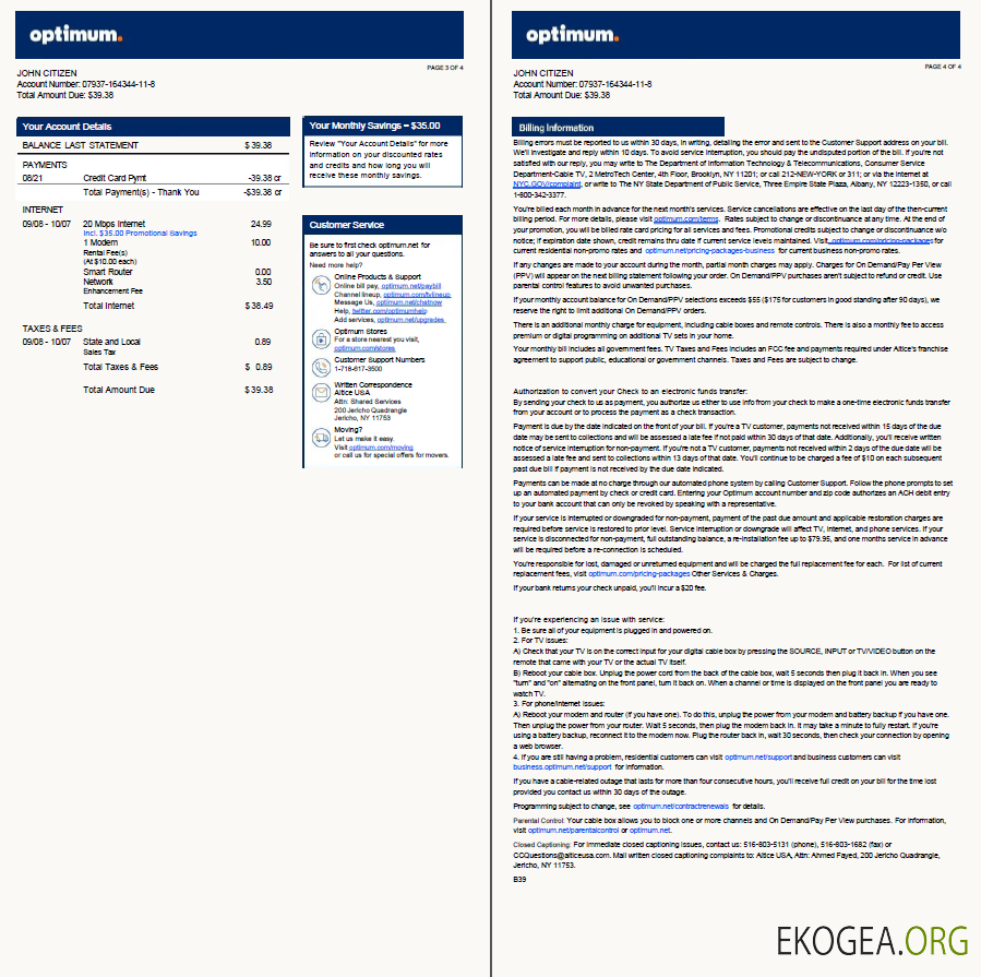 USA Optimum utility bill template in Word and PDF formats, 4 pages, version 2, 3 4 pages